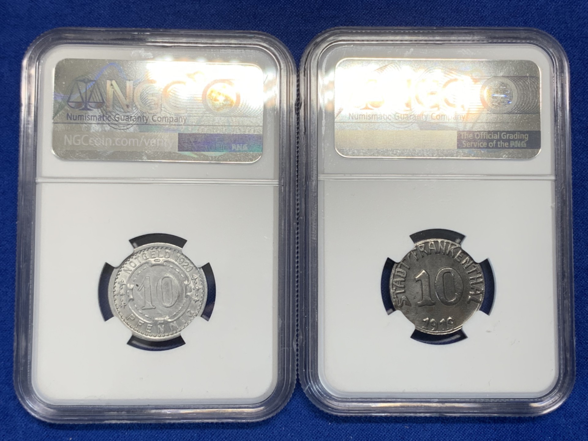 《竞宝斋》第150场-周日，周一，周四 3场 (全场包邮) NGC-UNC 德国 德紧两枚 1920年维滕铝币10芬尼+1919年弗兰肯塔尔铁币10芬尼，严评无明显瑕疵，设计端庄典雅+主义的碰撞