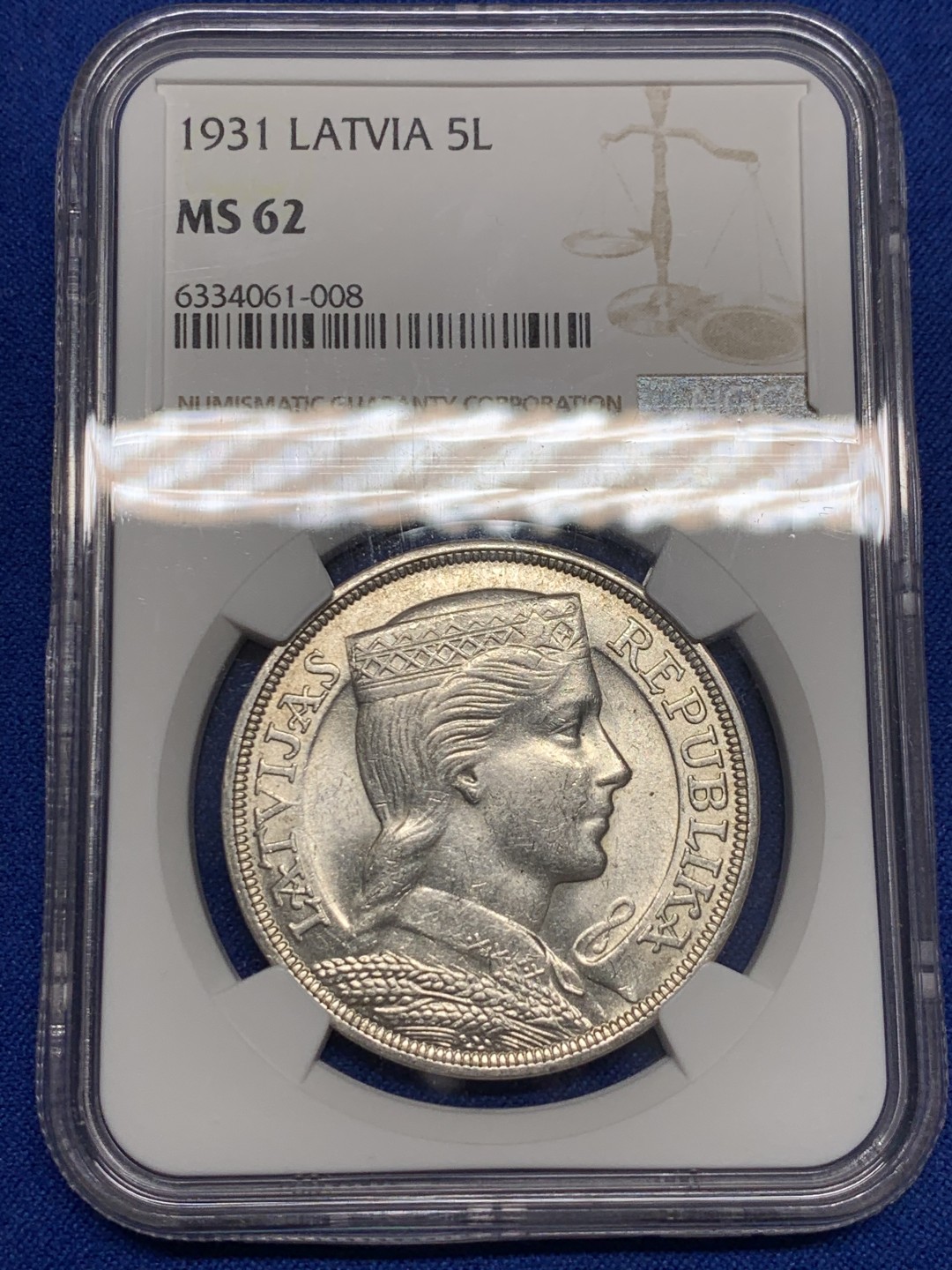 《竞宝斋》第150场-周日，周一，周四 3场 (全场包邮) NGC-MS62 拉脱维亚 1931年5拉特美女大银币 带点包浆 外拍热门品种 价格洼地