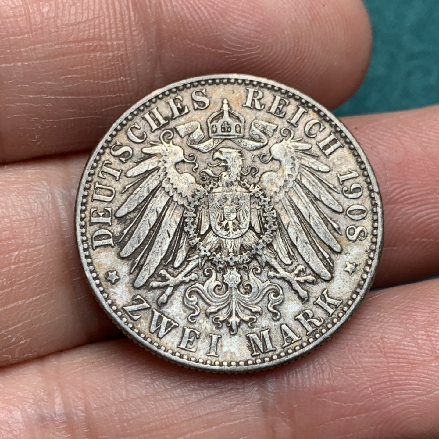 《竞宝斋》第150场-周日，周一，周四 3场 (全场包邮) 德国 1908 萨克森 奥古斯特 2马克 银币 包浆好