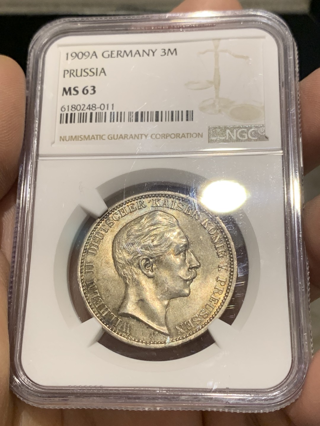 《竞宝斋》第150场-周日，周一，周四 3场 (全场包邮) NGC-MS63 德国 1909年 普鲁士威廉二世3马克银币，大头版。流通充分的版本 纸袋包浆 光度喜人