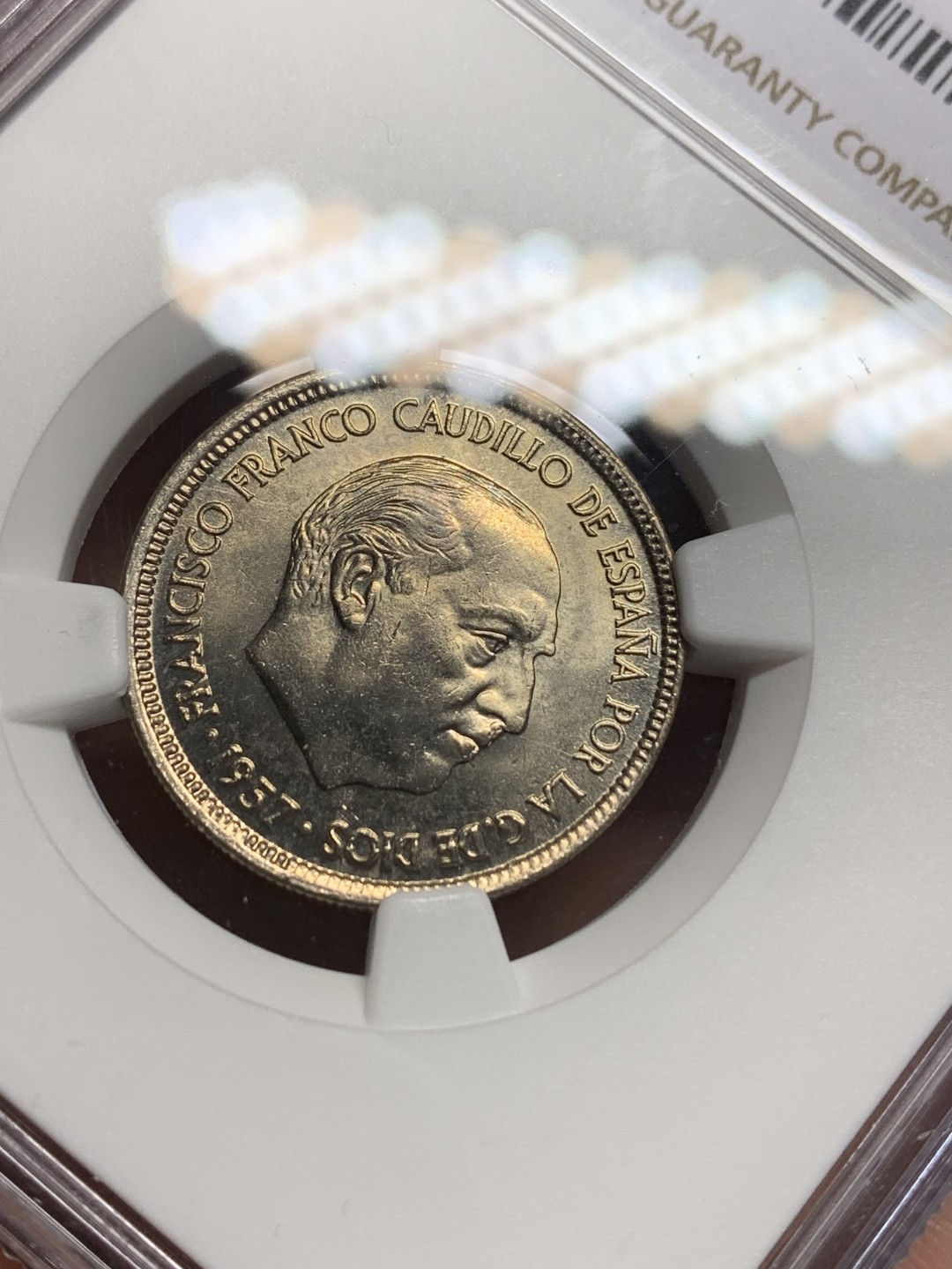 《竞宝斋》第150场-周日，周一，周四 3场 (全场包邮) NGC-MS64 西班牙1957年 佛朗哥5比塞塔 镍币