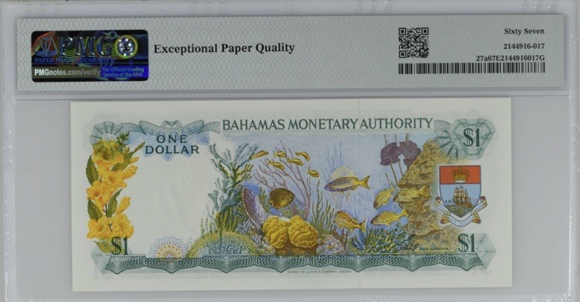 收藏联盟Quantum Auction 第247期拍卖 巴哈马1968年1元 PMG67 德纳罗彩背 热带鱼 金融管理局版 