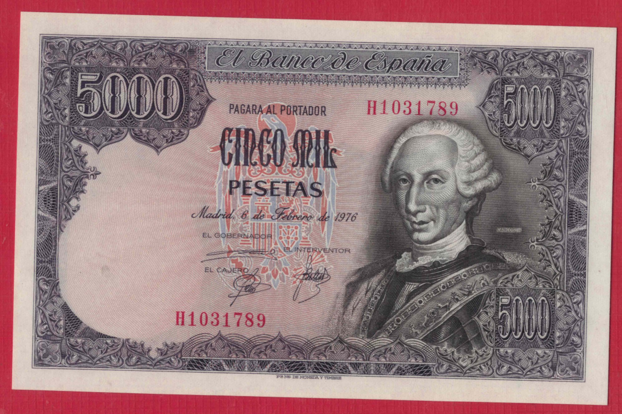 西班牙5000比塞塔 1976年(1978年) P-155 欧洲纸币 实物图 UNC
