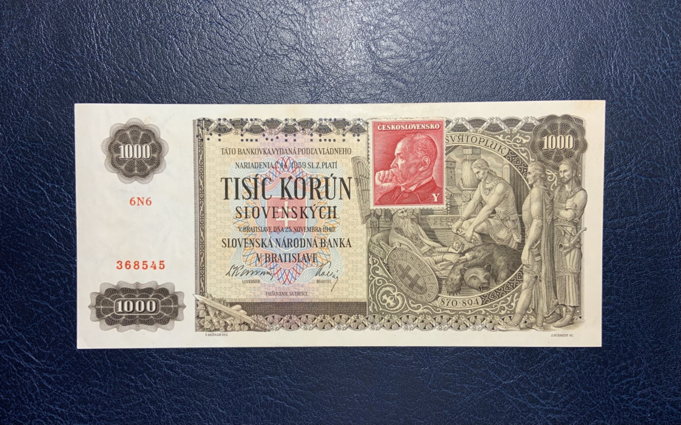 收藏联盟Quantum Auction 第247期拍卖 捷克斯洛伐克1940年1000克朗加贴样票 品相UNC 折木教子 上边缘和一角有轻微渗黄