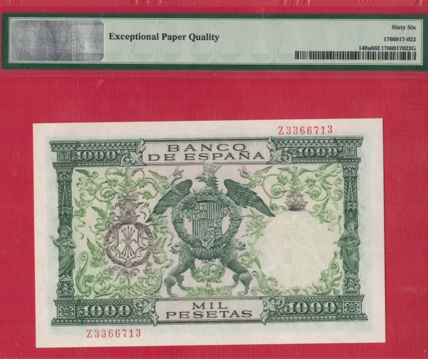 西班牙1000比塞塔 1957年(1958年) P-149a Z冠 无4 欧洲纸币 实物图 UNC