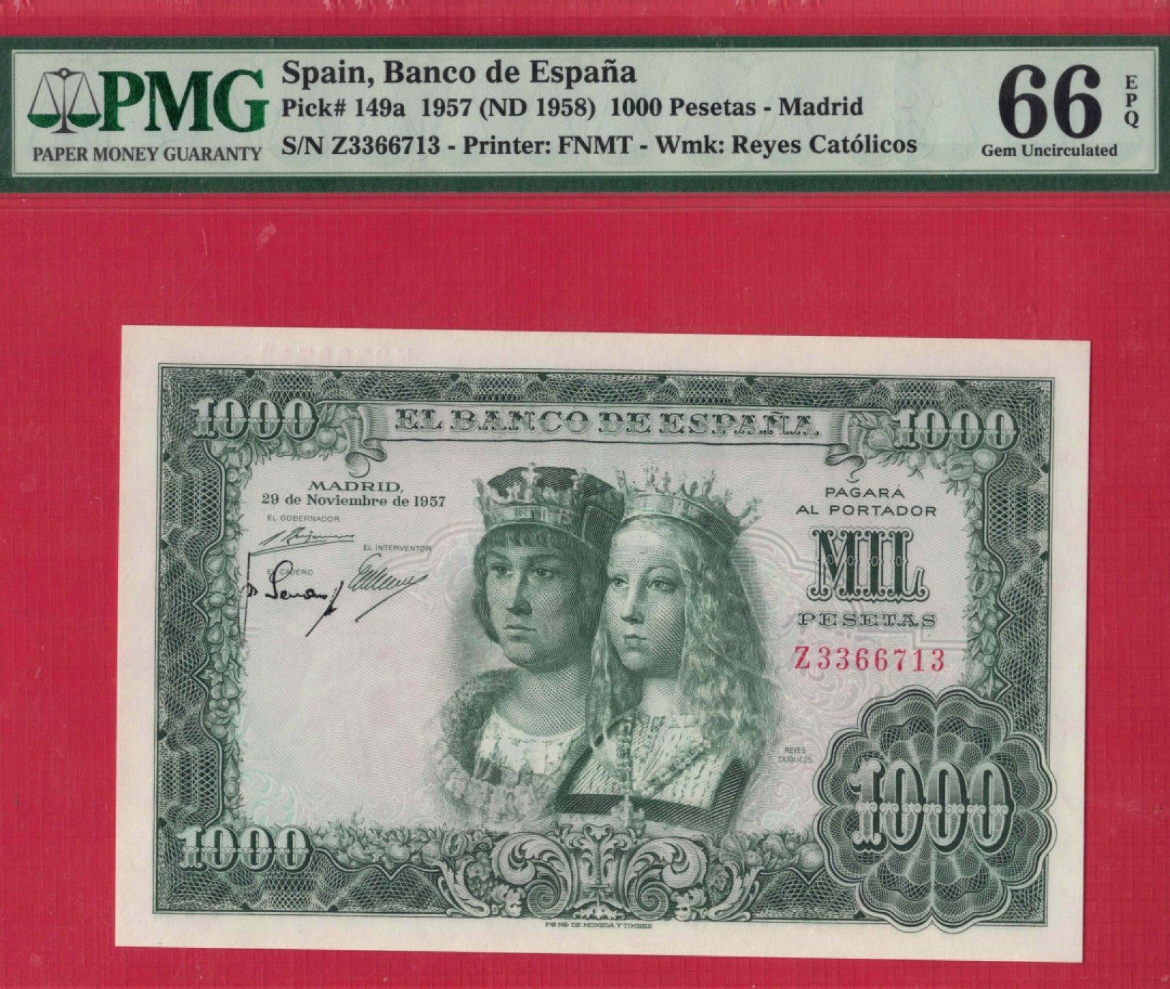 西班牙1000比塞塔 1957年(1958年) P-149a Z冠 无4 欧洲纸币 实物图 UNC
