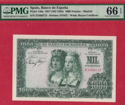 西班牙1000比塞塔 1957年(1958年) P-149a Z冠 无4 欧洲纸币 实物图 UNC - 西班牙1000比塞塔 1957年(1958年) P-149a Z冠 无4 欧洲纸币 实物图 UNC