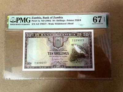 【Blue Auction】✨世界纸币精拍第310期——小精品场 - 【冠军分仅4张 p1a 该国首张纸币经典】赞比亚 1964年10先令 PMG67EPQ 高分 查氏拟䴕 劳作场景 清新耐看  