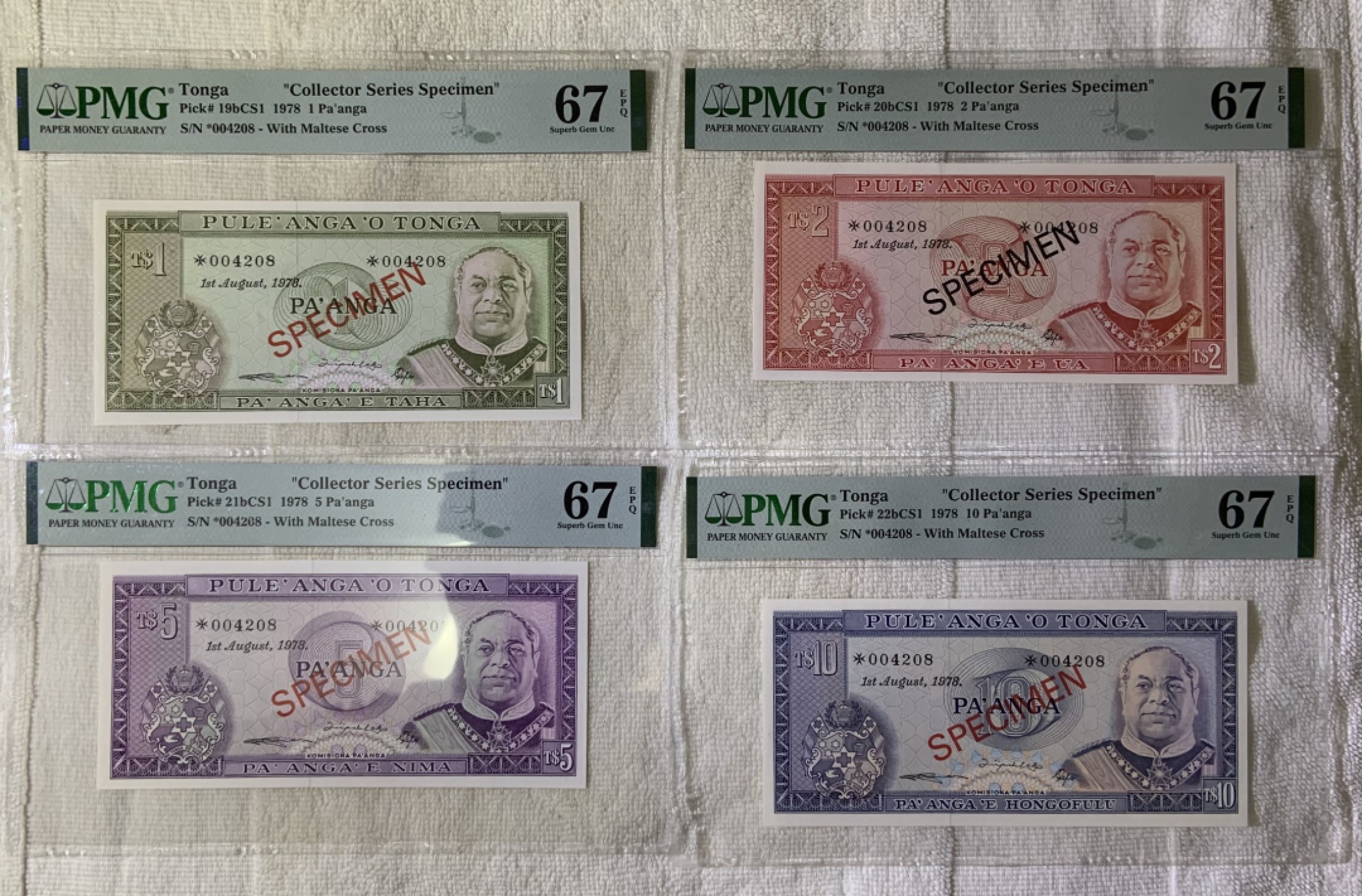 收藏联盟Quantum Auction 第248期拍卖 汤加1978年1-10潘加同号收藏样票 PMG67