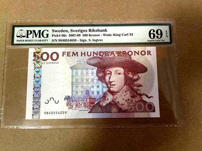 【Blue Auction】✨世界纸币精拍第310期——小精品场 - 【唯一冠军分 老壳子 近满分】瑞典 2007-09年500克朗 卡尔国王 PMG69EPQ 超高分 难得一见