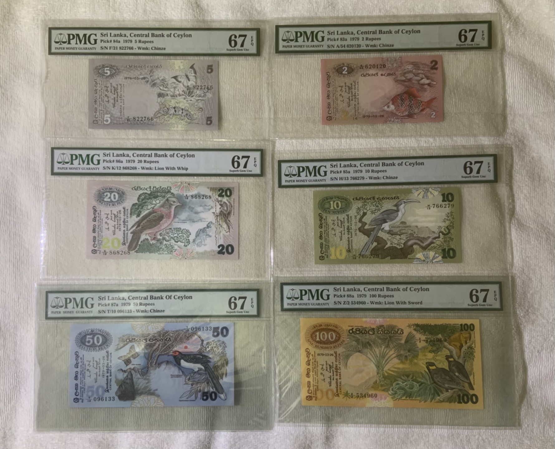 收藏联盟Quantum Auction 第247期拍卖 斯里兰卡1979年2-100卢比 PMG67 全套同分 花鸟版