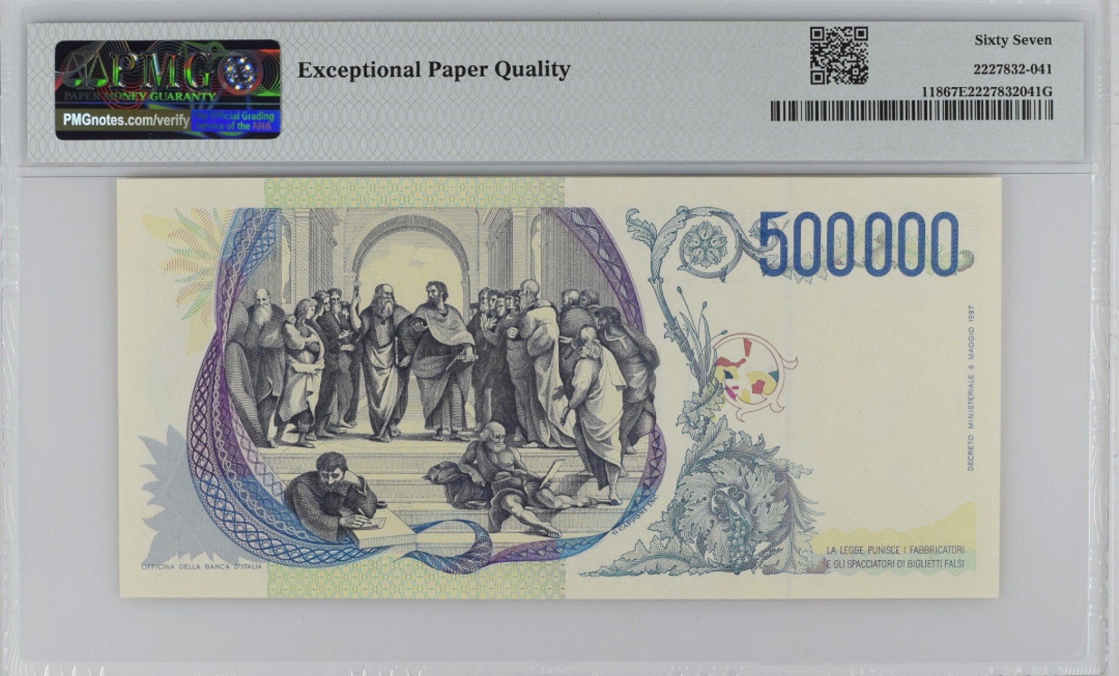 《张总收藏》97期——外币百拍 意大利500000里拉 PMG67E 1997年 意大利画家拉斐尔 无4