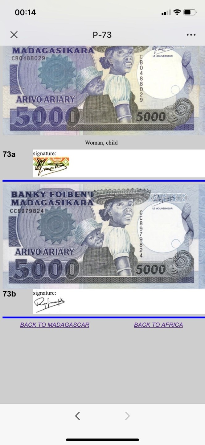 收藏联盟Quantum Auction 第247期拍卖 马达加斯加1988-94年5000里亚尔 品相全新UNC 少见初版 a版  背面为马达加斯加国家图书馆和独立纪念石碑