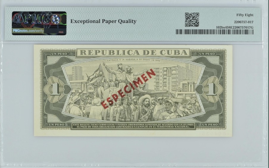 收藏联盟Quantum Auction 第248期拍卖 古巴1978-85年1比索样票 PMG58 古巴诗人 思想家和民族英雄何塞.马蒂
