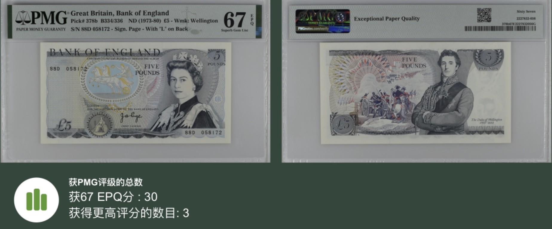 《张总收藏》97期——外币百拍 英格兰5镑 PMG67E D序列 陆军元帅威灵顿 亚军分 无4