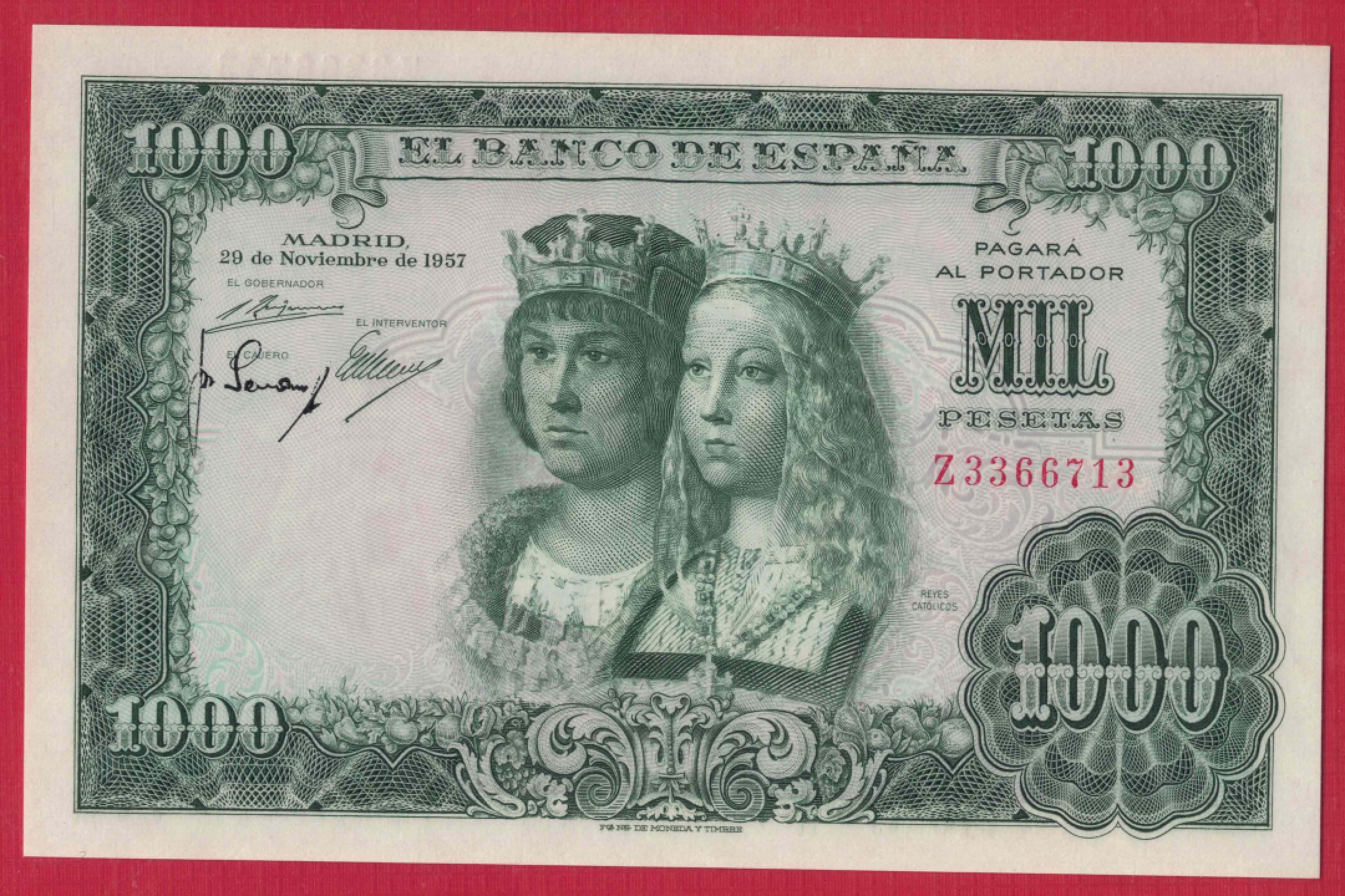 西班牙1000比塞塔 1957年(1958年) P-149a Z冠 无4 欧洲纸币 实物图 UNC