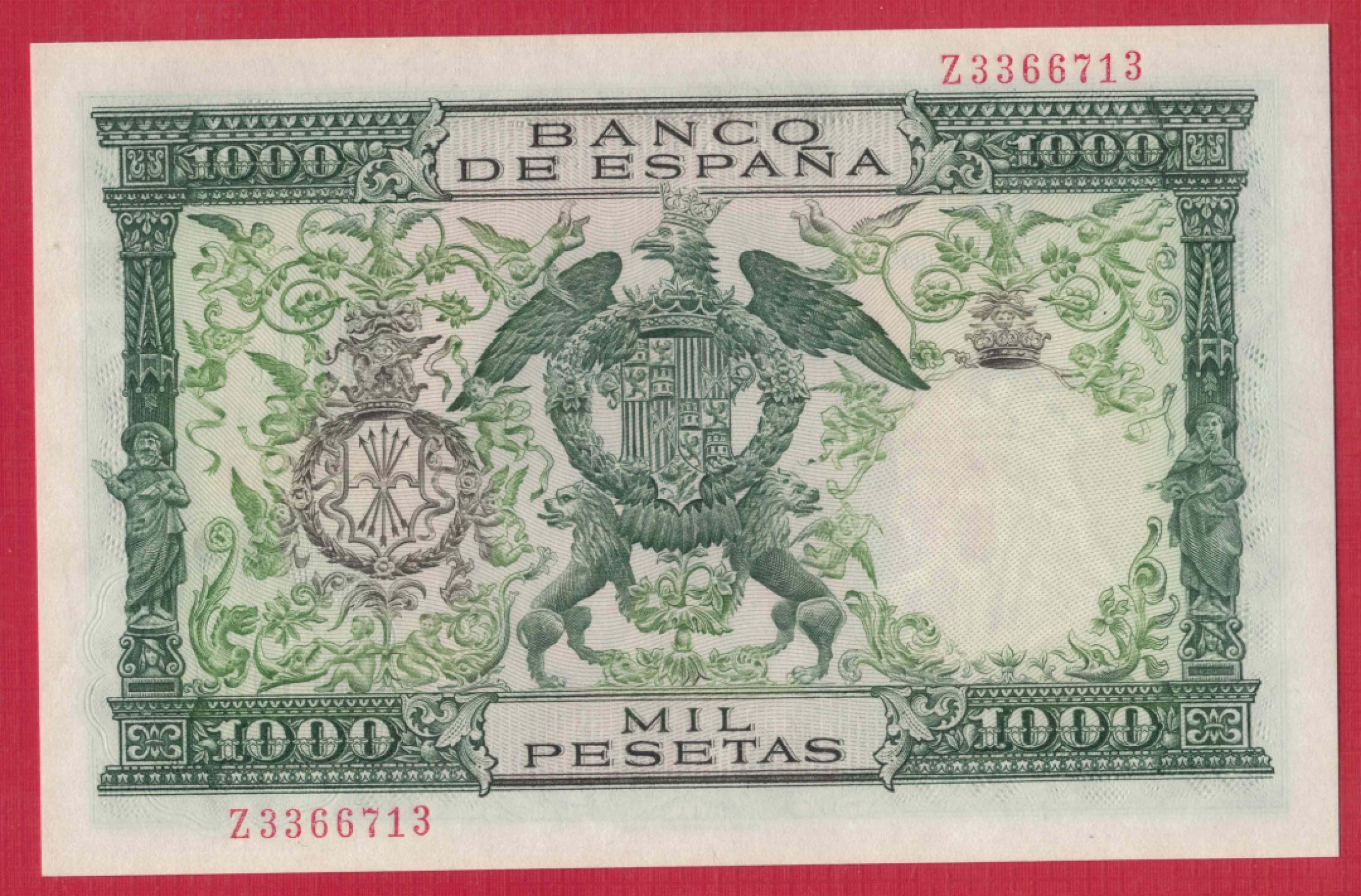 西班牙1000比塞塔 1957年(1958年) P-149a Z冠 无4 欧洲纸币 实物图 UNC