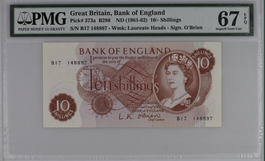 收藏联盟Quantum Auction 第248期拍卖 英国1961-62年10先令 PMG67 初版