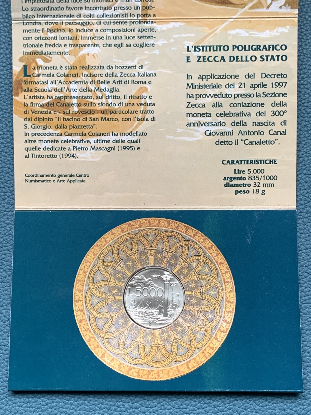 《竞宝斋》第151场-周日，周一，周四 3场 (全场包邮) 卡装 意大利1997年 运河三百周年纪念 5000里拉银币
