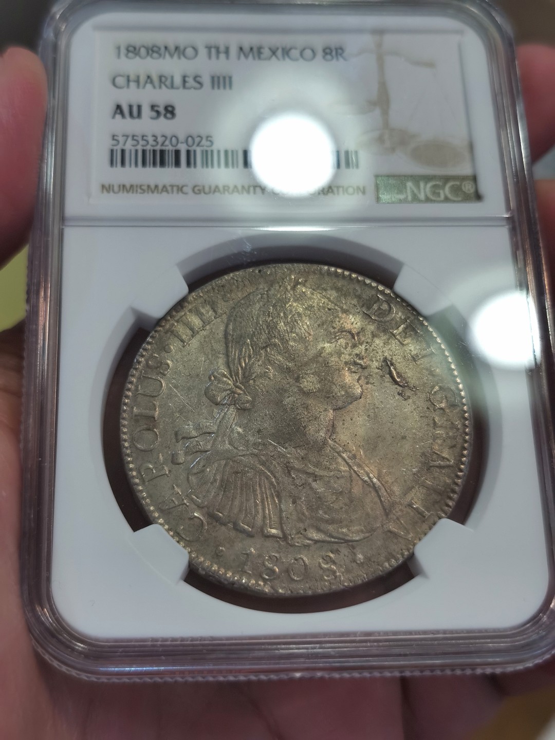 博洋堂世界钱币拍卖第022期（全场包邮） NGC AU58  西属墨西哥1808年卡洛斯四世双柱 8里亚尔 原味包浆 收藏性价比高