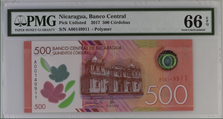 收藏联盟Quantum Auction 第248期拍卖 尼加拉瓜2017年500和1000科罗巴尾二同一对 PMG65-66