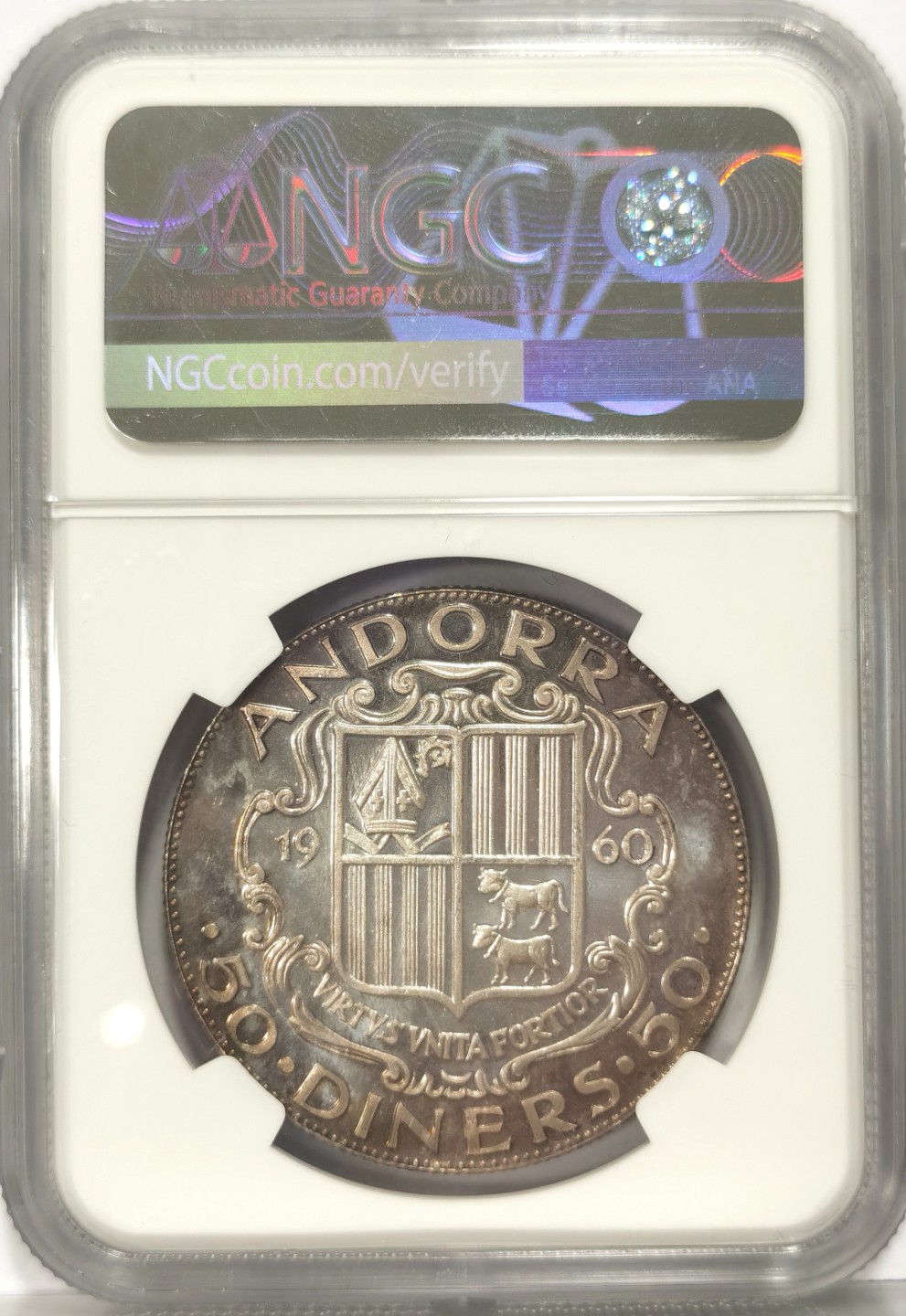 博洋堂世界钱币拍卖第022期（全场包邮） 珍稀币！NGC PF63 CAM 1960年安道尔查理曼大帝50第纳尔精制大银币，镜面底板，亮金包浆，非常漂亮，只有3100枚