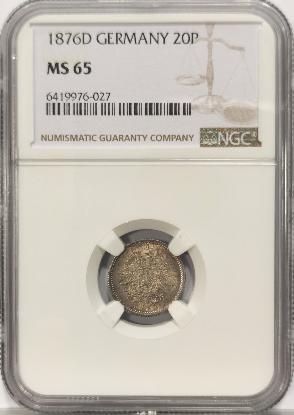 博洋堂世界钱币拍卖第022期（全场包邮） NGC MS65 1876年D版德意志第二帝国短翅鹰20芬尼银币