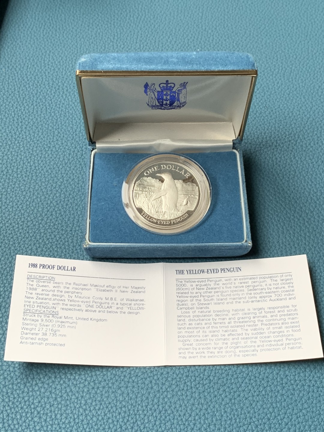 《竞宝斋》第151场-周日，周一，周四 3场 (全场包邮) 原盒 新西兰1988年 企鹅1元 精制大银币 27.216克 92.5%含银 发行量9500枚