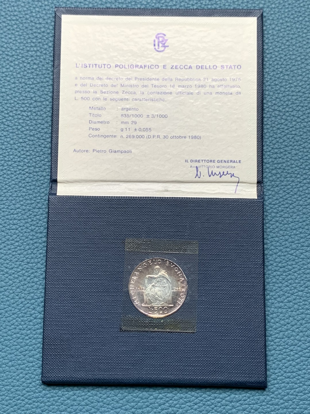 《竞宝斋》第151场-周日，周一，周四 3场 (全场包邮) 卡装 意大利1975年 米开朗基罗 500里拉银币 