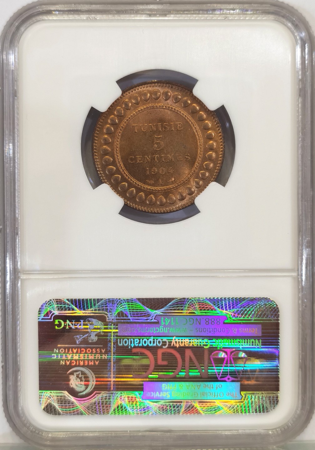 博洋堂世界钱币拍卖第022期（全场包邮） NGC MS66RB 法属突尼斯AH1322/1904年5C铜币 顶级RB NGC最高分