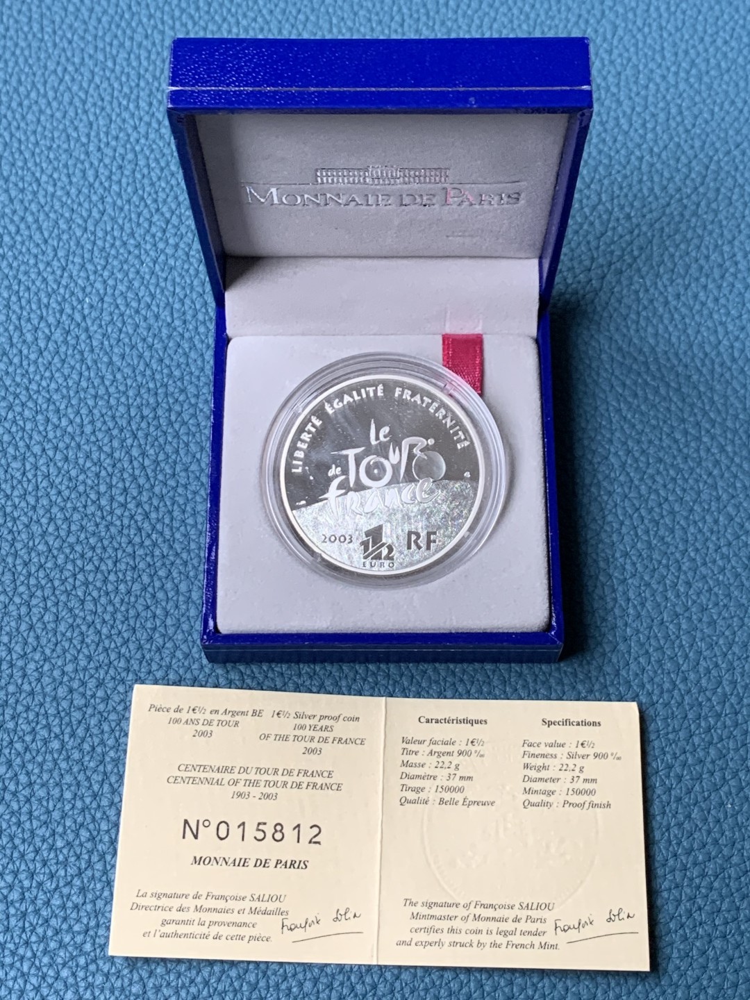 《竞宝斋》第151场-周日，周一，周四 3场 (全场包邮) 原盒 法国20003年 自行车赛 1.5欧元精制大银币 22.2克 90%银