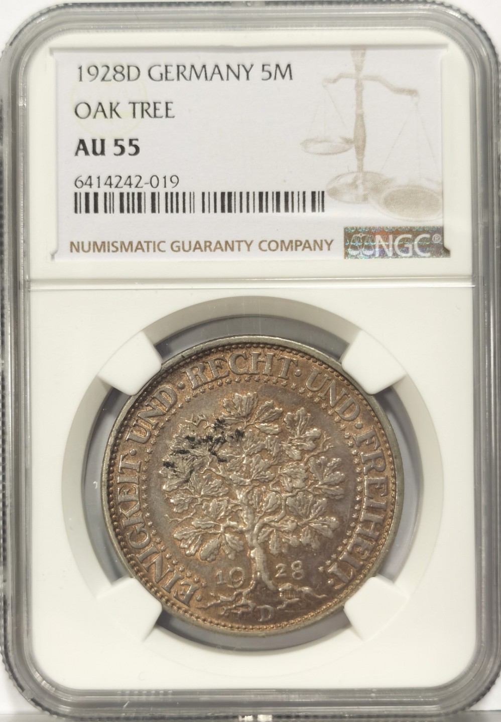 博洋堂世界钱币拍卖第022期（全场包邮） NGC AU55 1928年D德国魏玛共和国橡树5马克银币，不用多说，经典