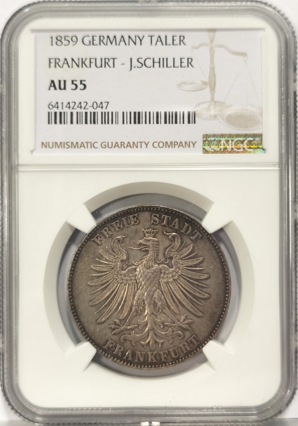 博洋堂世界钱币拍卖第022期（全场包邮） NGC AU55 1859年德国法兰克福纪念席勒1泰勒银币