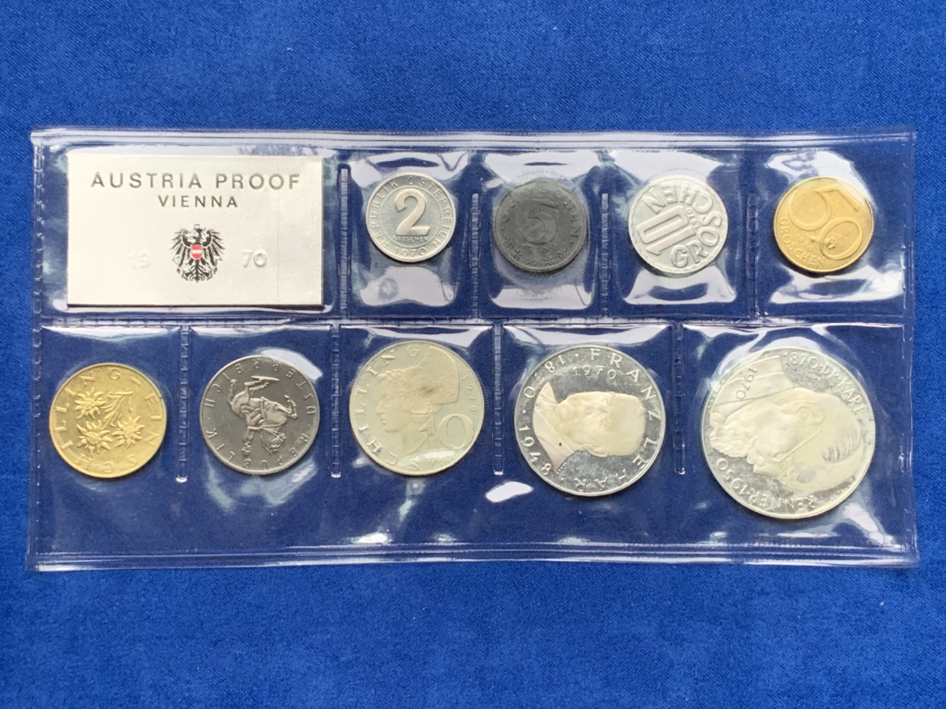 《竞宝斋》第151场-周日，周一，周四 3场 (全场包邮) 奥地利 1970年 九枚套 维也纳造币厂 精制套币 其中两枚大的25/50先令都是银币