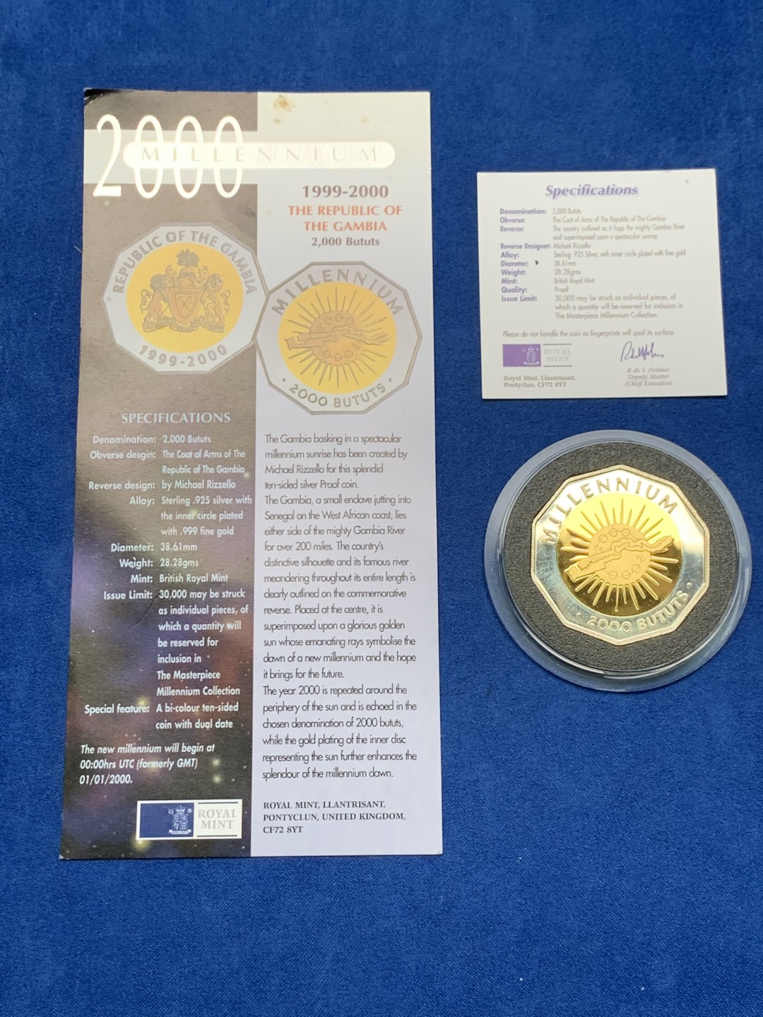 《竞宝斋》第151场-周日，周一，周四 3场 (全场包邮) 冈比亚 1999年 千禧年纪念 2000布图斯镀金大银币 28.28克 92.5%银 