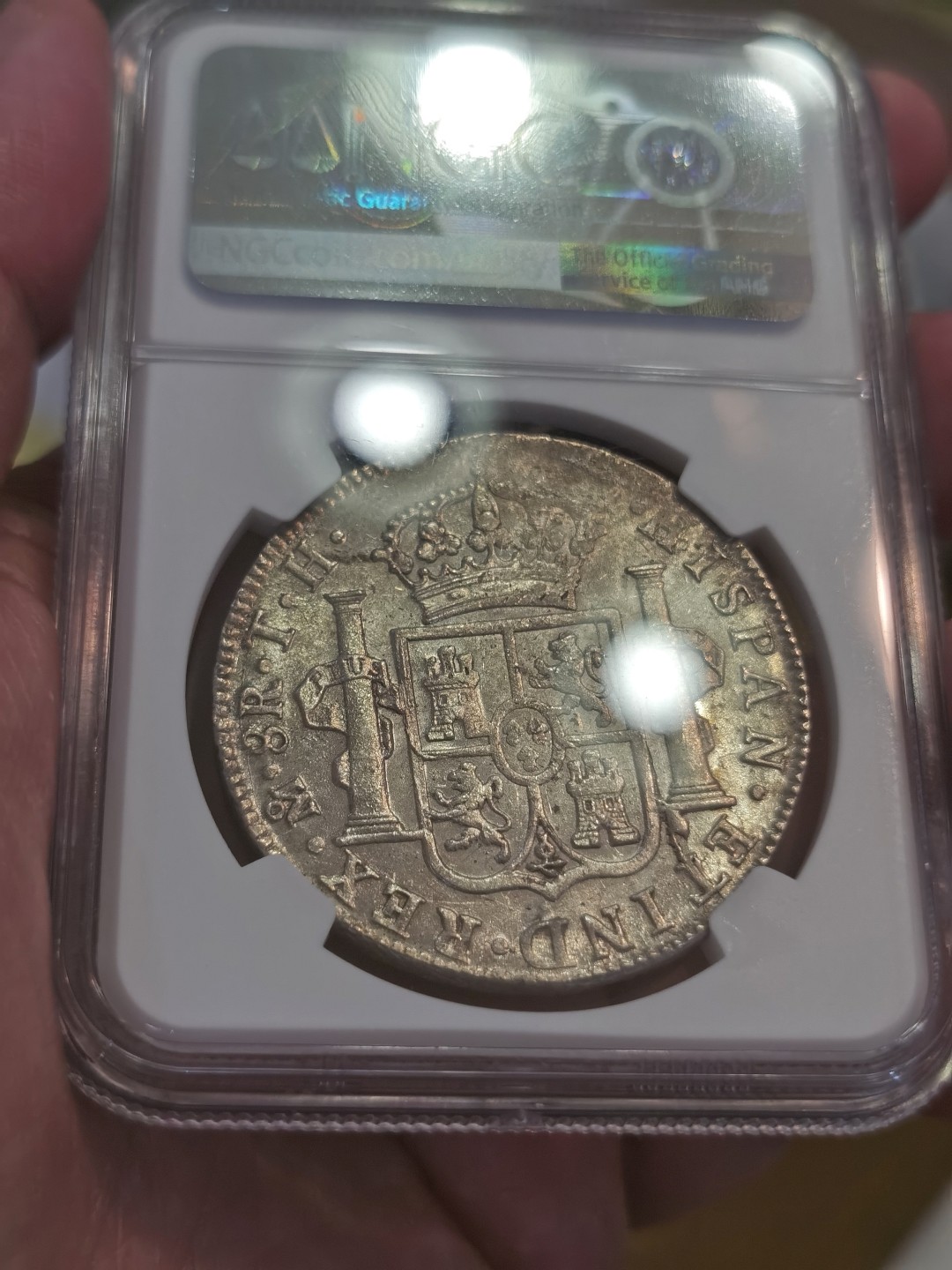 博洋堂世界钱币拍卖第022期（全场包邮） NGC AU58  西属墨西哥1808年卡洛斯四世双柱 8里亚尔 原味包浆 收藏性价比高