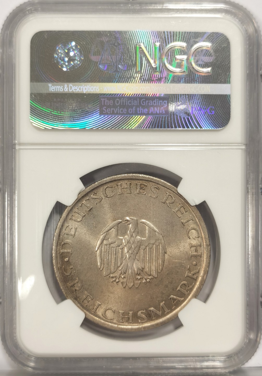 博洋堂世界钱币拍卖第022期（全场包邮） NGC MS64 1929年德国魏玛共和国莱辛5马克纪念银币