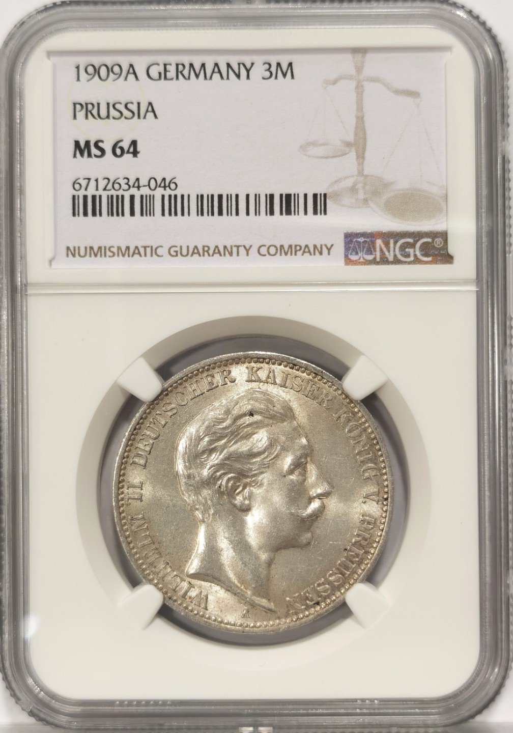 博洋堂世界钱币拍卖第022期（全场包邮） NGC MS64 1909年德国普鲁士威廉二世3马克银币