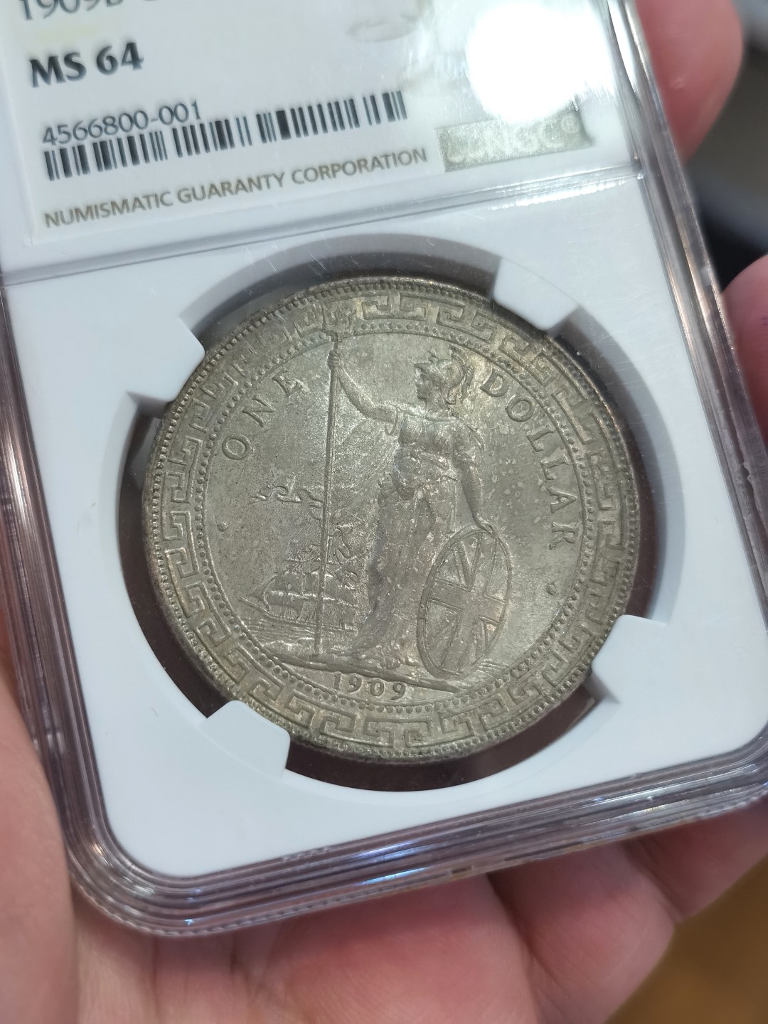 博洋堂世界钱币拍卖第022期（全场包邮） NGC MS64 英国站洋1909年B版壹圆银币 欧洲包浆