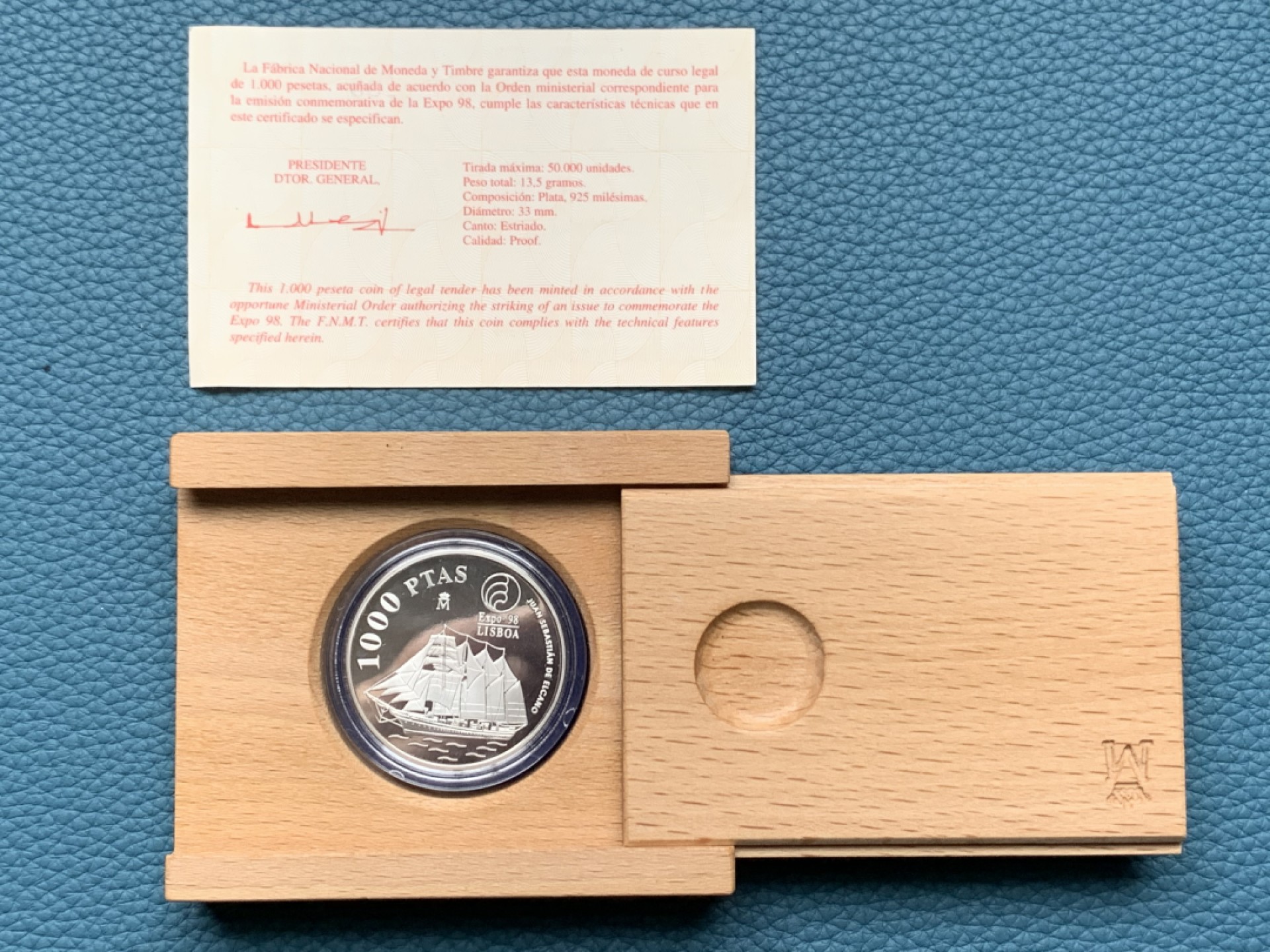 《竞宝斋》第151场-周日，周一，周四 3场 (全场包邮) 木盒证书 西班牙1998年 大帆船1000比塞塔精制银币