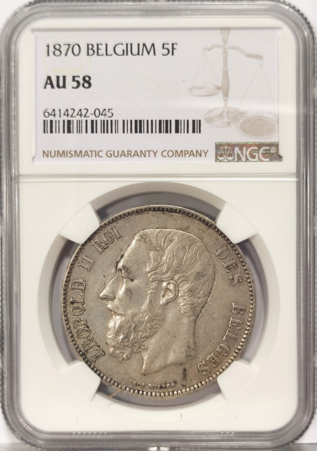 博洋堂世界钱币拍卖第022期（全场包邮） NGC AU58 1870年比利时利奥波德二世5法郎银币