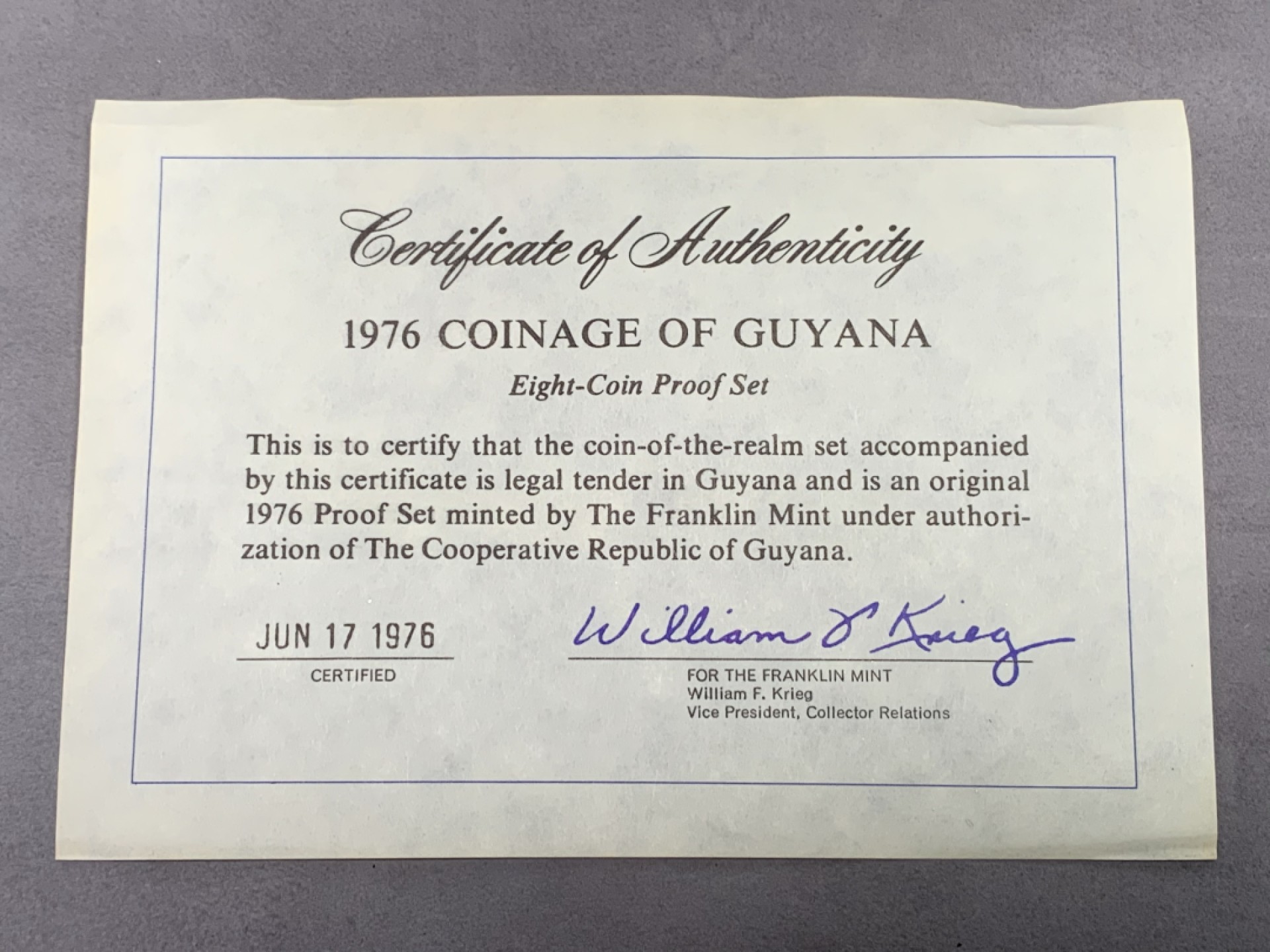 《竞宝斋》第151场-周日，周一，周四 3场 (全场包邮) 原盒 圭亚那 1976年 八枚套精制币 其中最大两枚5和10元是银币