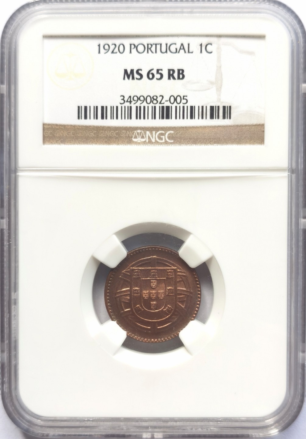 博洋堂世界钱币拍卖第022期（全场包邮） NGC MS65RB 葡萄牙1920年1C铜币 高分红铜光
