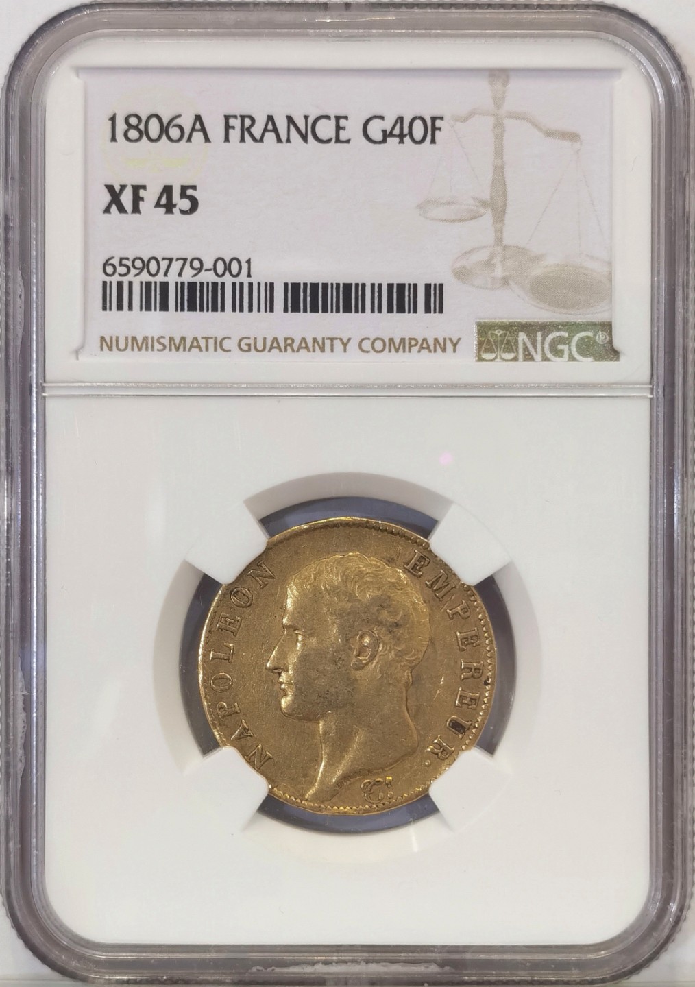 博洋堂世界钱币拍卖第022期（全场包邮） NGC XF45 1806年法国拿破仑40法郎金币 法兰西共和国配无桂冠皇帝版，相对少一些的版本，中规中矩的流通品相