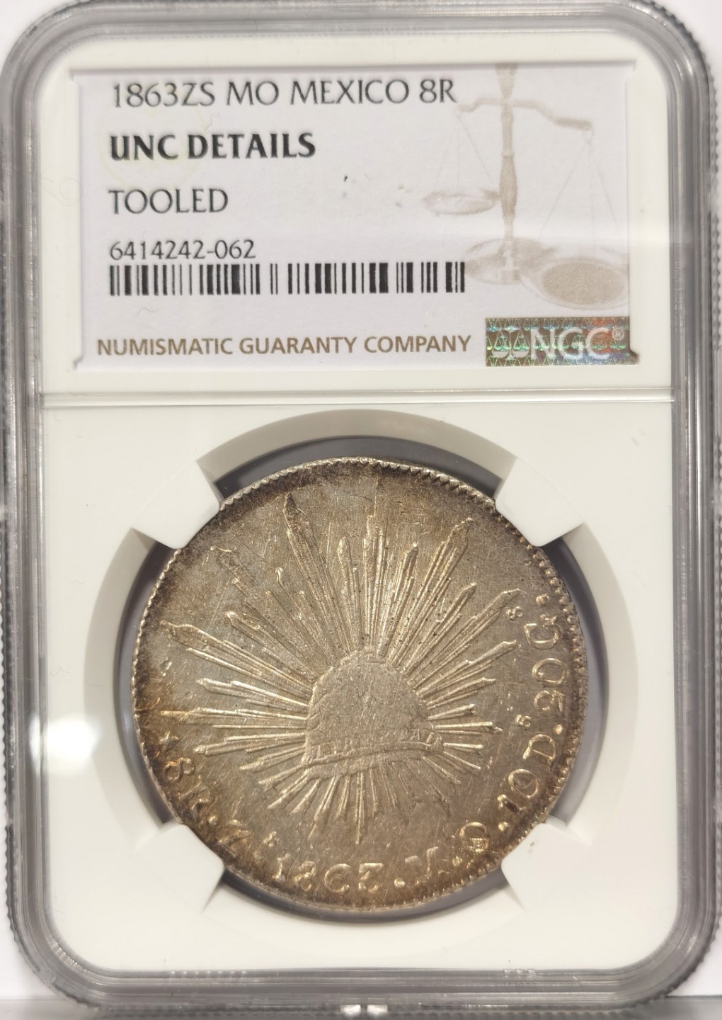 博洋堂世界钱币拍卖第022期（全场包邮） NGC UNC 1863年ZS MO版墨西哥鹰洋8里亚尔银币，黄油光