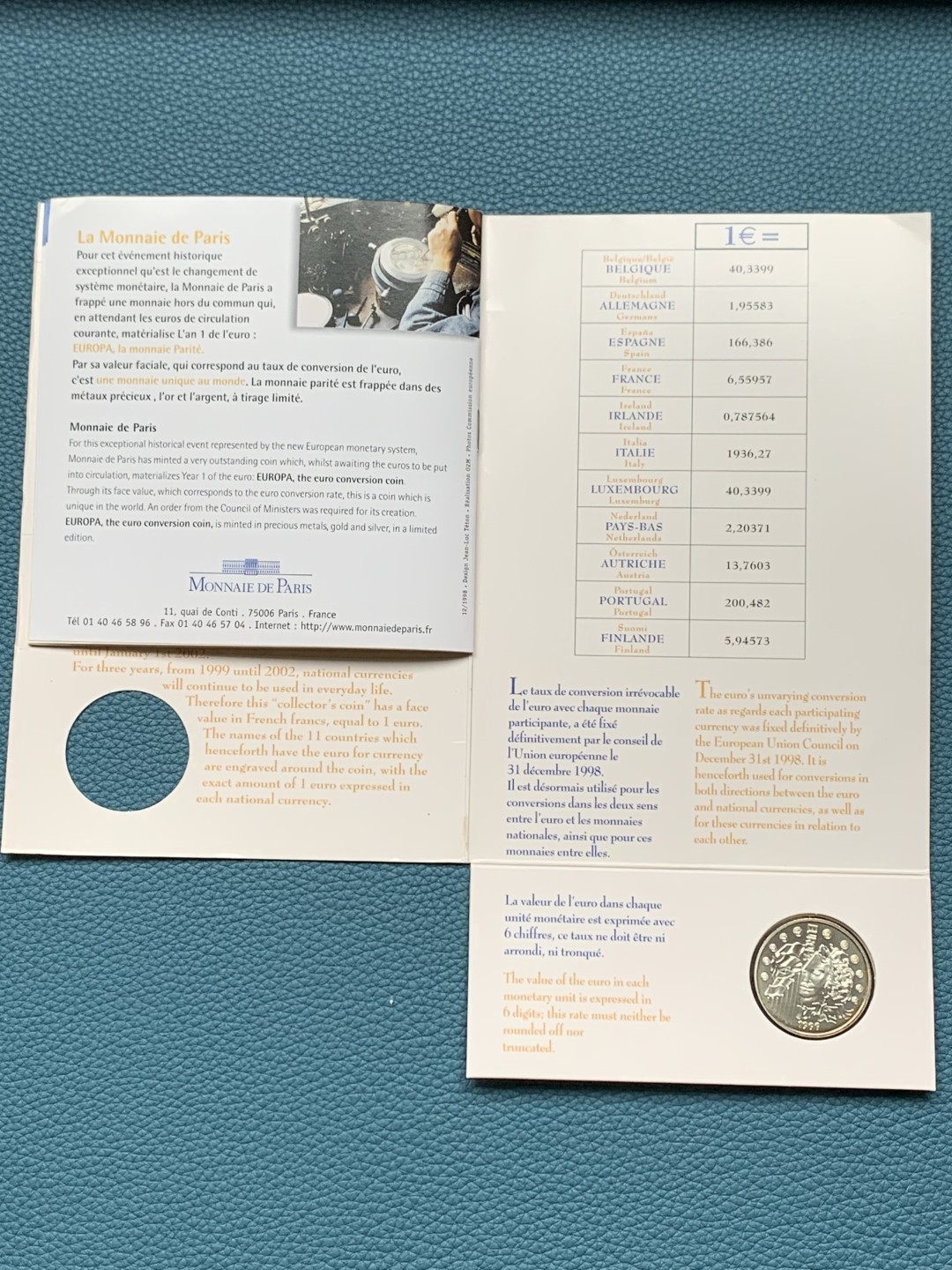 《竞宝斋》第151场-周日，周一，周四 3场 (全场包邮) 卡装 法国 1999年6.55957法郎银币 造币厂封装