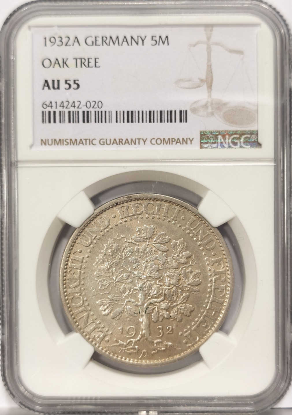 博洋堂世界钱币拍卖第022期（全场包邮） NGC AU55 1932年A德国魏玛共和国橡树5马克银币，不用多说，经典