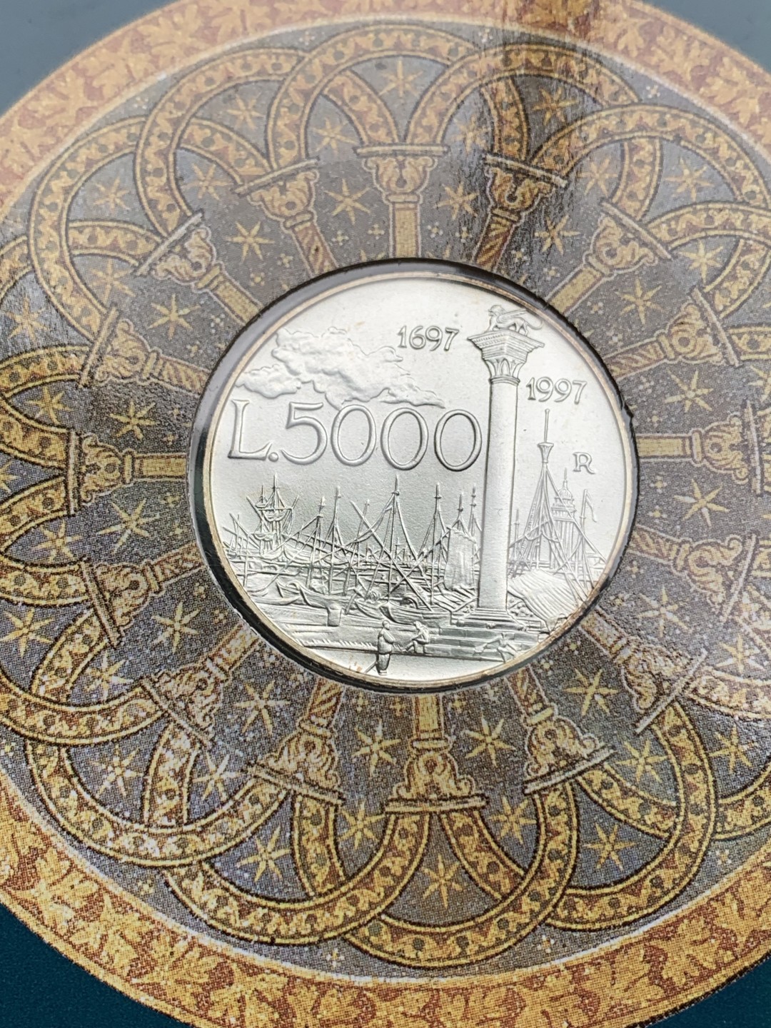 《竞宝斋》第151场-周日，周一，周四 3场 (全场包邮) 卡装 意大利1997年 运河三百周年纪念 5000里拉银币