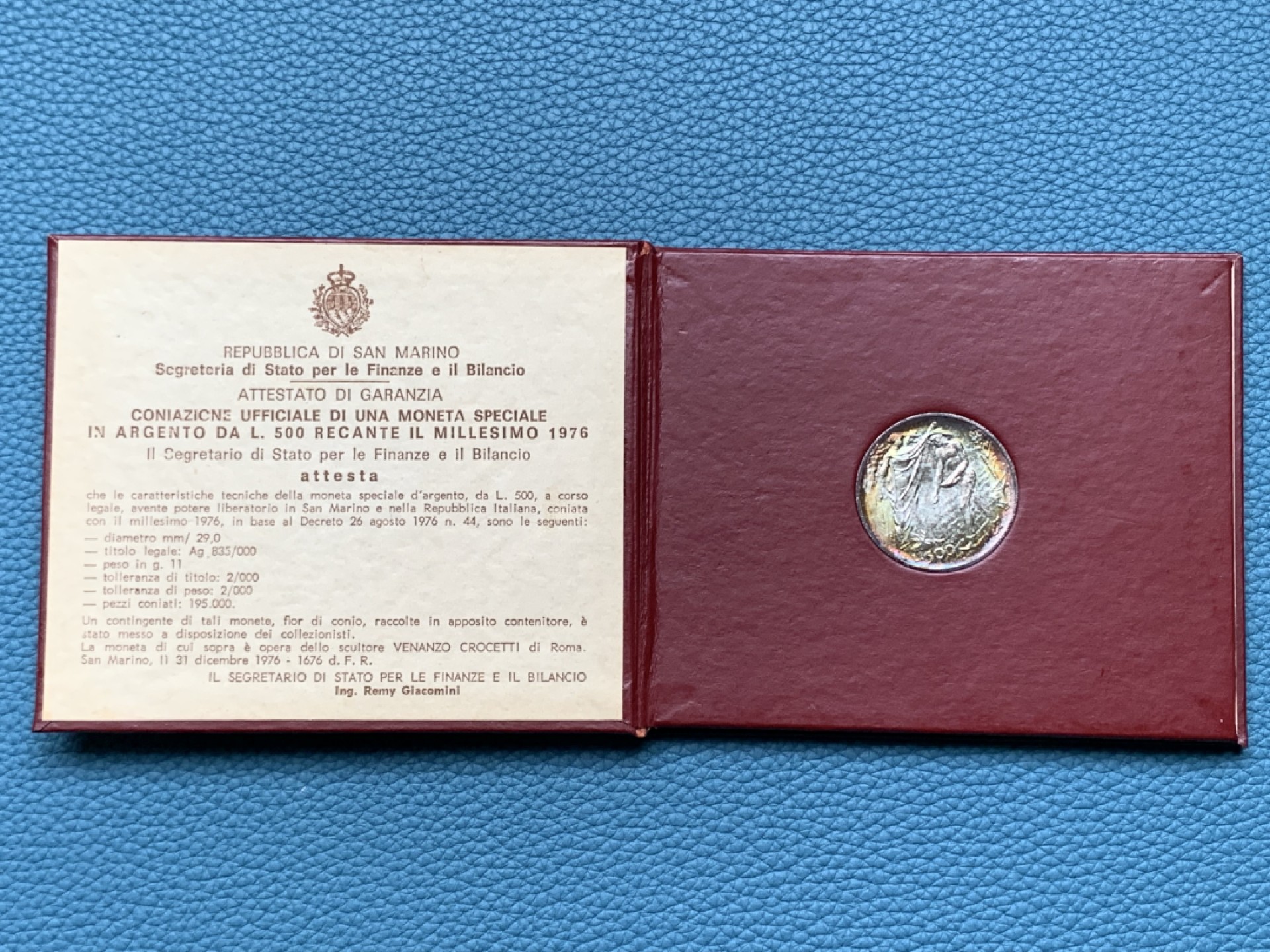 《竞宝斋》第151场-周日，周一，周四 3场 (全场包邮) 卡装 圣马力诺1976年 播种 500里拉银币 炫彩包浆