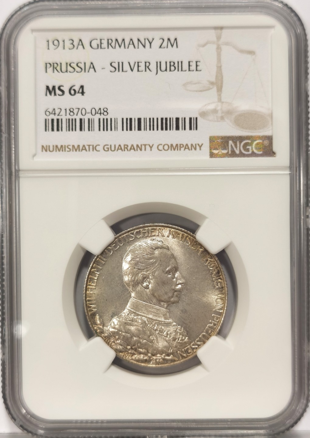 博洋堂世界钱币拍卖第022期（全场包邮） NGC MS64 1913年德国普鲁士威廉二世在位25周年纪念2马克银币